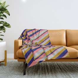 [ Thumbnail: Light Coral, Grey, Dark Goldenrod & Midnight Blue Colored Lines Pattern Throw Blanket ]