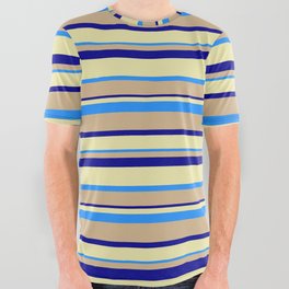 [ Thumbnail: Tan, Dark Blue, Pale Goldenrod & Blue Colored Lined Pattern All Over Graphic Tee ]