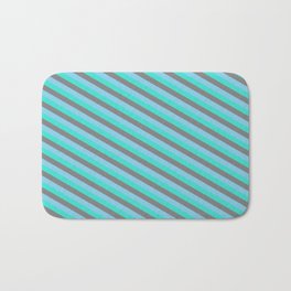 [ Thumbnail: Turquoise, Grey & Sky Blue Colored Striped Pattern Bath Mat ]