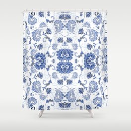 navy blue and white bold paisley flower bohemian Shower Curtain