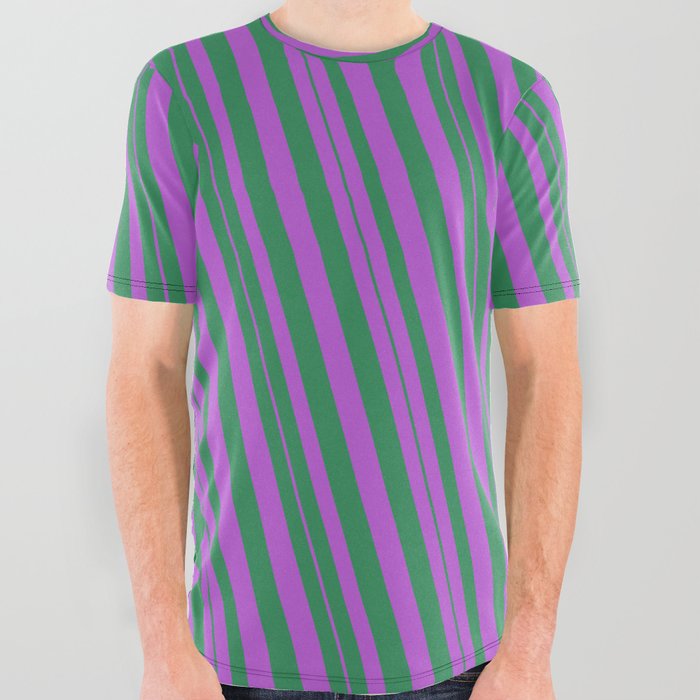 Sea Green and Orchid Colored Stripes/Lines Pattern All Over Graphic Tee
