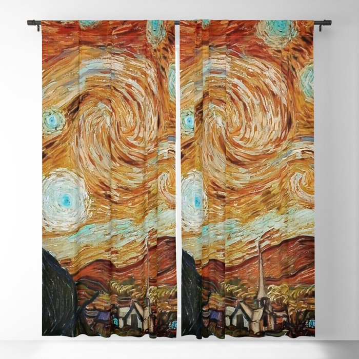 The Starry Night - La Nuit étoilée oil-on-canvas post-impressionist landscape masterpiece painting in alternate earthen gold and blue by Vincent van Gogh Blackout Curtain