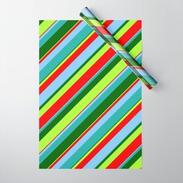 [ Thumbnail: Eye-catching Light Sea Green, Dark Green, Light Green, Red & Light Sky Blue Colored Stripes Pattern Wrapping Paper ]