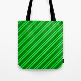 [ Thumbnail: Green, Lime, and Light Sea Green Colored Lined Pattern Tote Bag ]