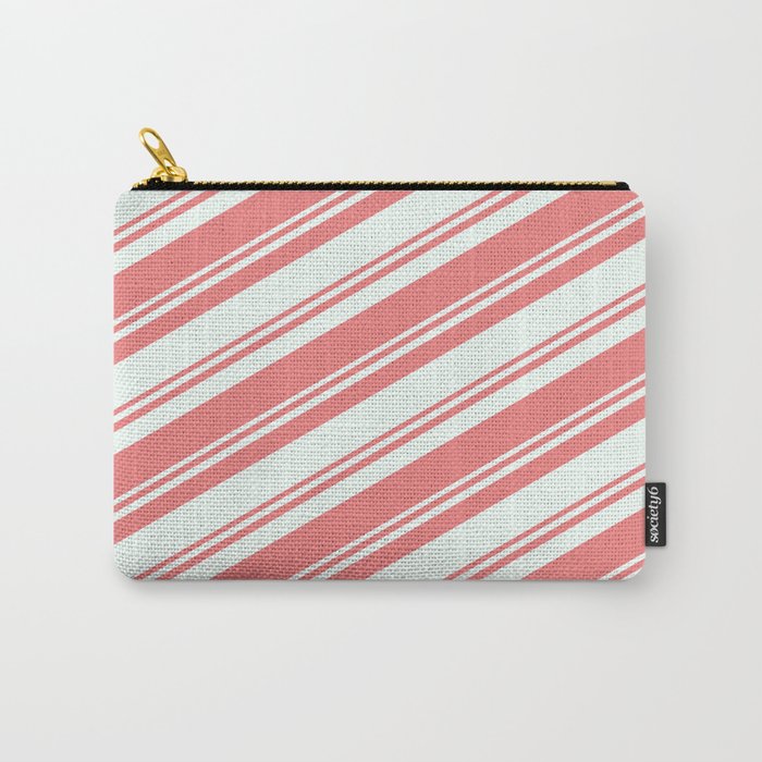 Mint Cream & Light Coral Colored Striped/Lined Pattern Carry-All Pouch
