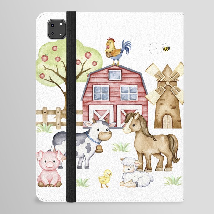 Watercolor Farm Animals Scene iPad Folio Case