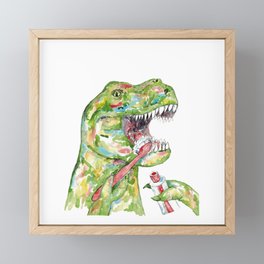 T-rex brushing teeth dinosaur painting watercolour Framed Mini Art Print