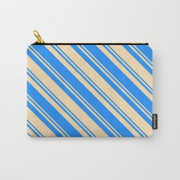 [ Thumbnail: Blue and Beige Colored Pattern of Stripes Carry-All Pouch ]