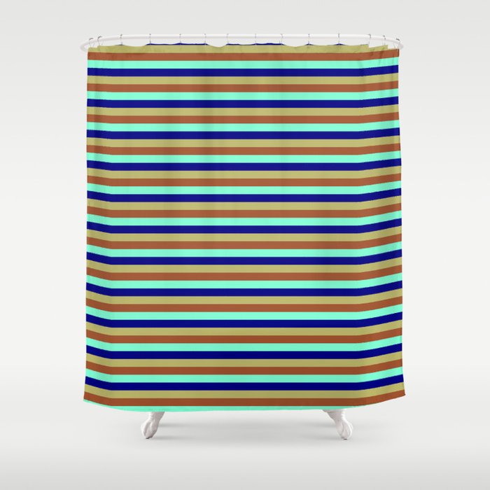 Sienna, Aquamarine, Blue & Dark Khaki Colored Pattern of Stripes Shower Curtain