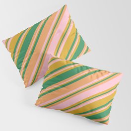 [ Thumbnail: Goldenrod, Sea Green, Brown, and Pink Colored Striped/Lined Pattern Pillow Sham ]