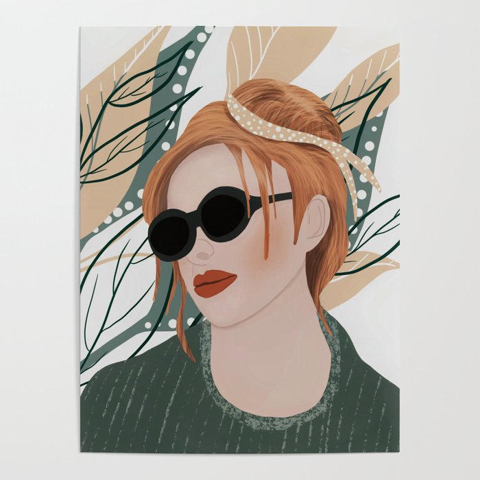 Girl with sunglasses on green leafy background  Poster