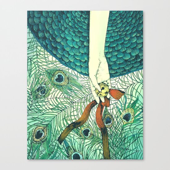 Golden bell and peacock feathers Canvas Print