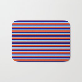 [ Thumbnail: Light Sky Blue, Red, and Blue Colored Lines/Stripes Pattern Bath Mat ]