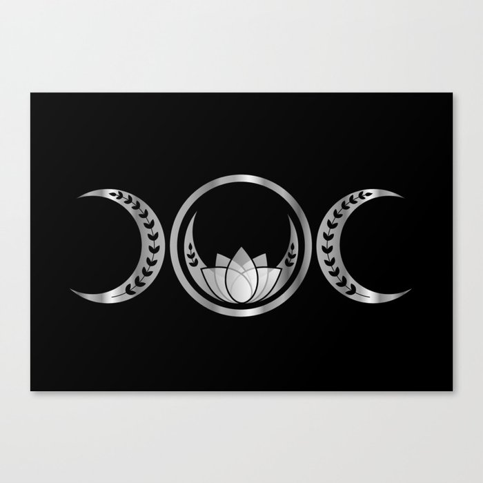 Silver triple moon fertility symbol with moons lotus and vines Canvas Print