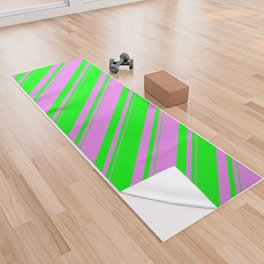 [ Thumbnail: Violet and Lime Colored Stripes Pattern Yoga Towel ]