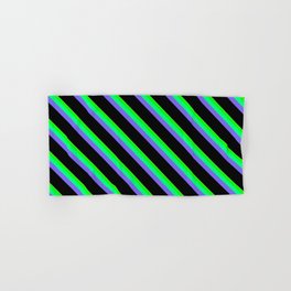 [ Thumbnail: Eye-catching Tan, Lime, Green, Medium Slate Blue & Black Colored Striped/Lined Pattern Hand & Bath Towel ]