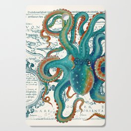 Teal Octopus Vintage Map Watercolor Cutting Board
