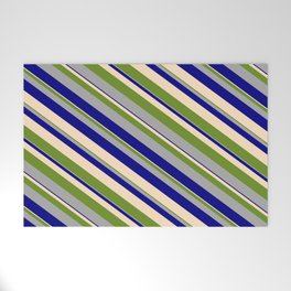 [ Thumbnail: Green, Dark Grey, Blue, and Bisque Colored Stripes/Lines Pattern Welcome Mat ]