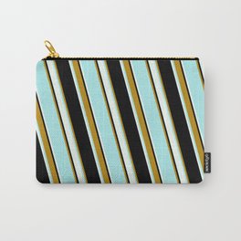 [ Thumbnail: Black, Dark Goldenrod, Turquoise & Mint Cream Colored Lined Pattern Carry-All Pouch ]