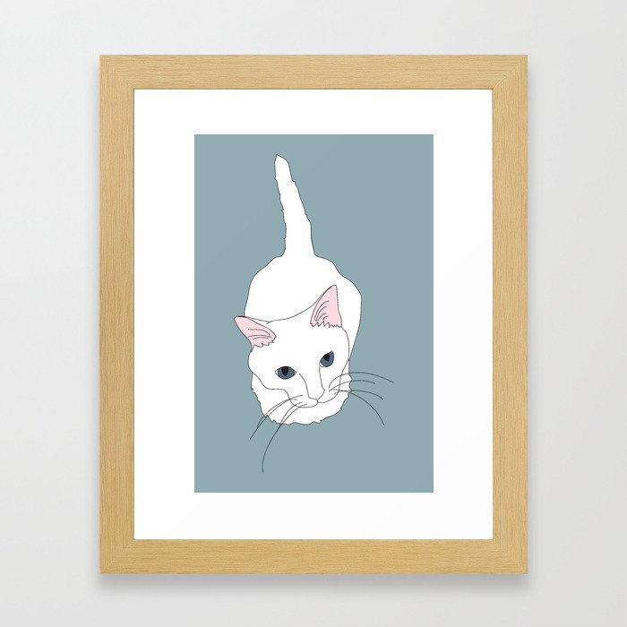 Kitty cat Illustrated Print White Pink Blue Framed Art Print