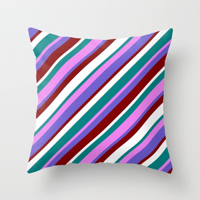 Vibrant Teal, Violet, Slate Blue, Maroon & White Colored Pattern of Stripes Throw Pillow