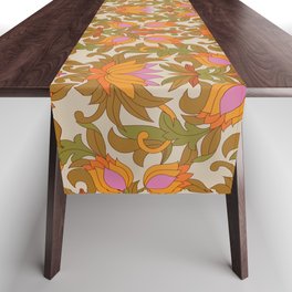 Orange, Pink Flowers and Green Leaves 1960s Retro Vintage Pattern Table Runner