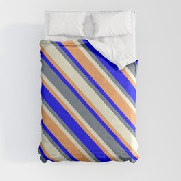 [ Thumbnail: Beige, Brown, Blue & Slate Gray Colored Pattern of Stripes Comforter ]