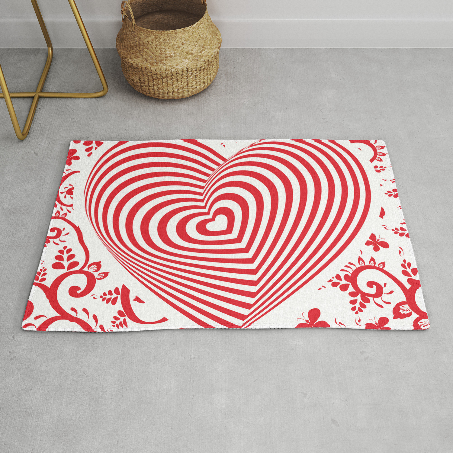 Red White Heart On Red Floral Ornament Background Optical Illusion Of 3d Rug By Ekaterinap Society6