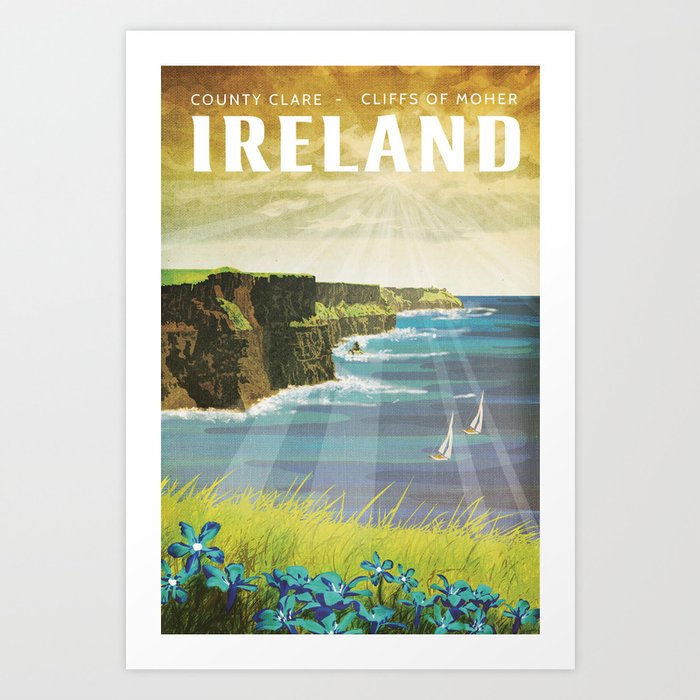 Ireland, Cliffs of Moher - Vintage Style Travel Poster Art Print
