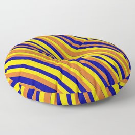 [ Thumbnail: Dark Blue, Yellow, and Chocolate Colored Striped/Lined Pattern Floor Pillow ]