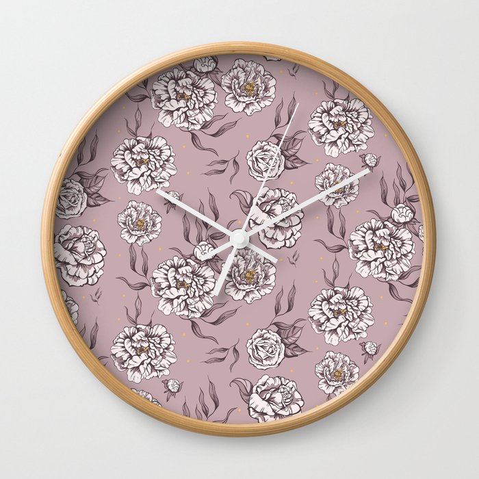 Warm Beige Vintage Flower Power Floral Pattern Wall Clock