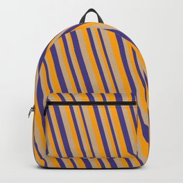 [ Thumbnail: Orange, Tan, and Dark Slate Blue Colored Striped Pattern Backpack ]