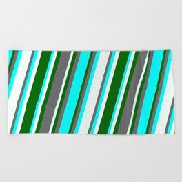 [ Thumbnail: Dim Grey, Cyan, Mint Cream & Dark Green Colored Stripes Pattern Beach Towel ]