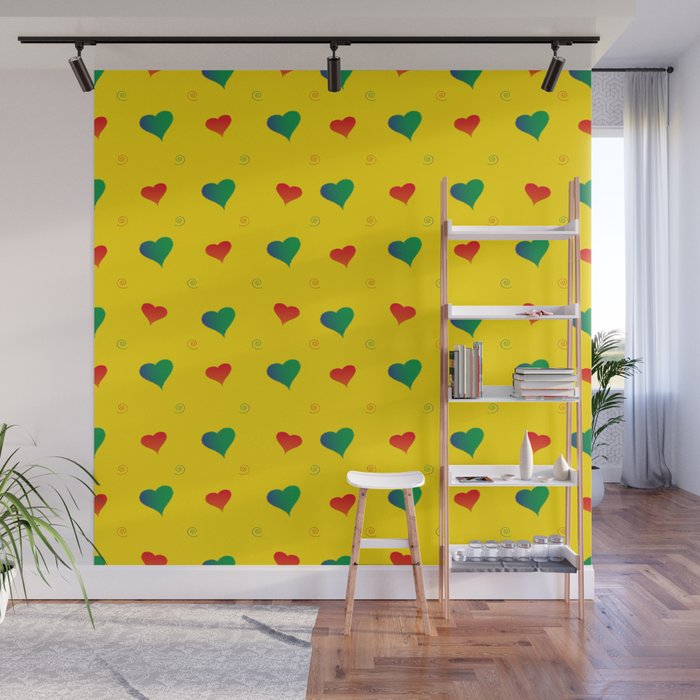 Red and green plush hearts on a light green background. For Valentine's Day. Vector drawing for February 14th. SEAMLESS PATTERN WITH HEARTS. For wallpaper, background, postcards. Wall Mural