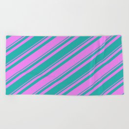 [ Thumbnail: Violet and Light Sea Green Colored Stripes/Lines Pattern Beach Towel ]