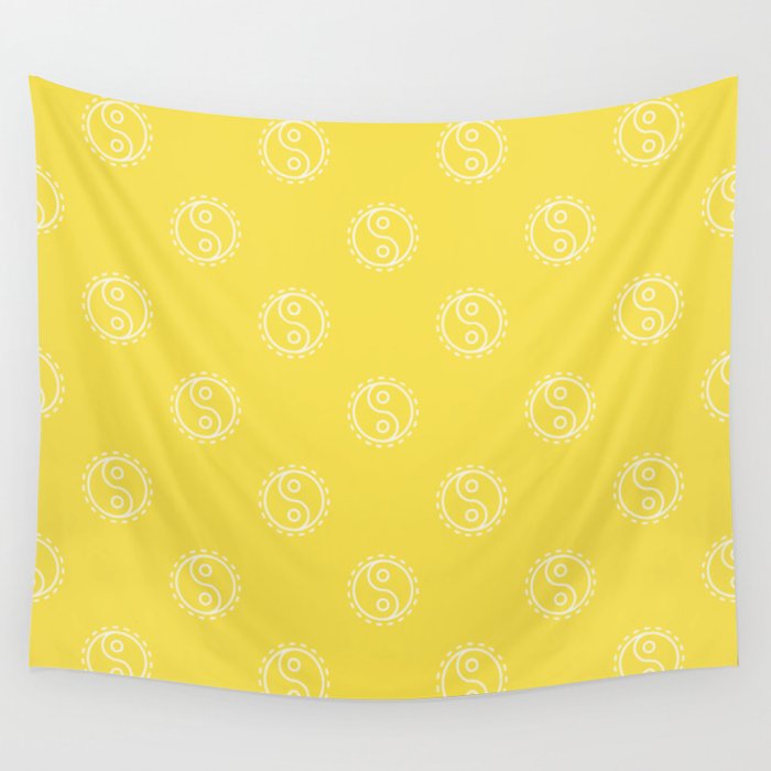 White Yin Yang Symbol Pattern on Sunshine Yellow Wall Tapestry