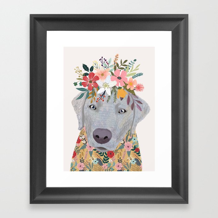 Silver Labrador with Flowers Framed Art Print