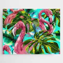 Floral colorful tropical flamingo pattern design in digital oleo effect  Jigsaw Puzzle