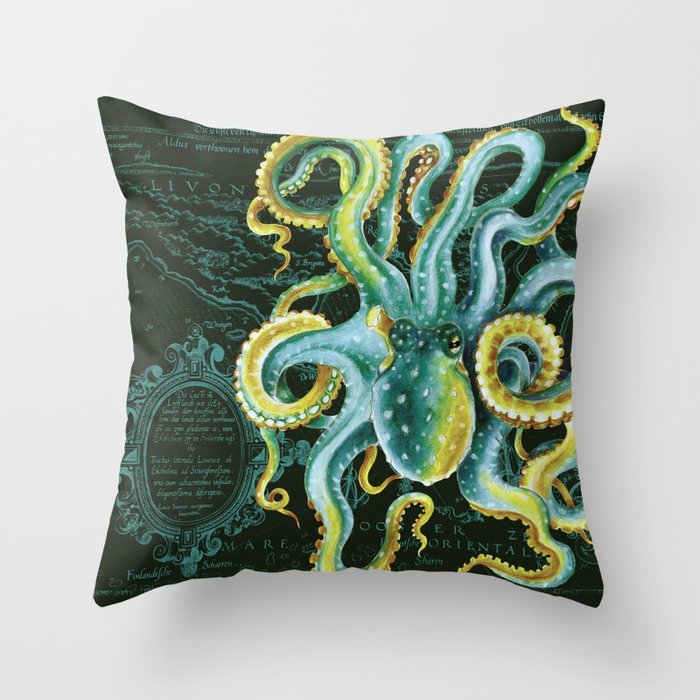 Green Octopus Vintage Map Chic Watercolor Art Throw Pillow