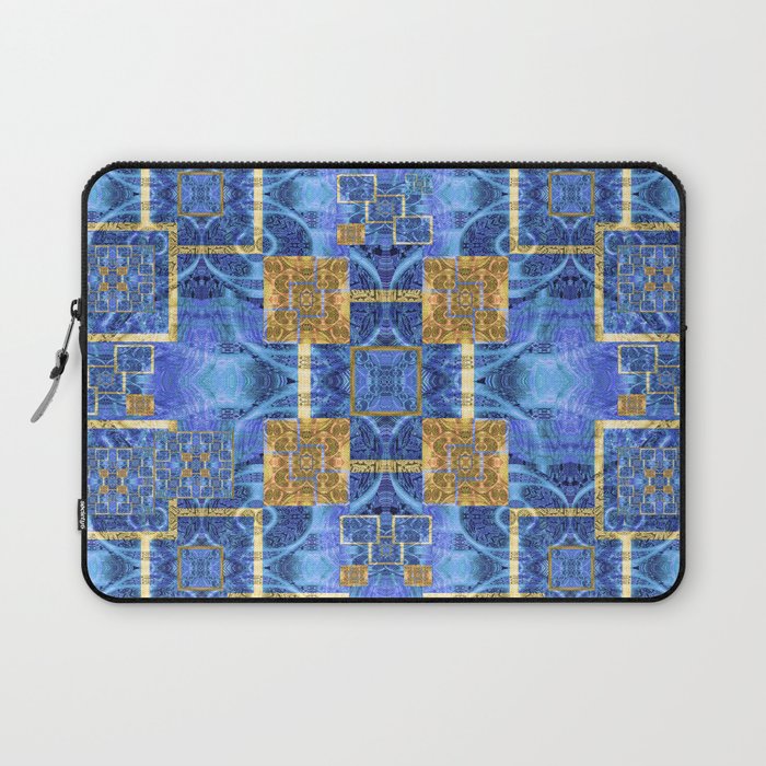 Geometric Blue and Gold Wealth Mandala Laptop Sleeve