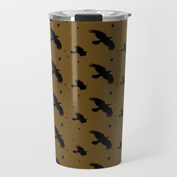 Crows or Ravens In Flight Black Silhouette Pattern On Ochre Travel Mug
