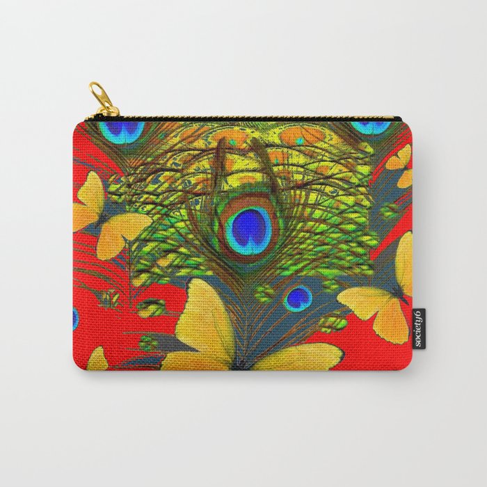 GREEN PEACOCK FEATHERS YELLOW BUTTERFLIES ON  RED ART Carry-All Pouch