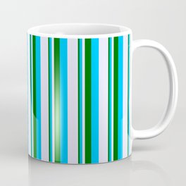 [ Thumbnail: Dark Green, Deep Sky Blue & Lavender Colored Lined/Striped Pattern Coffee Mug ]