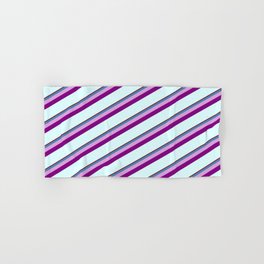 [ Thumbnail: Dark Red, Blue, Plum, Purple & Light Cyan Colored Stripes/Lines Pattern Hand & Bath Towel ]