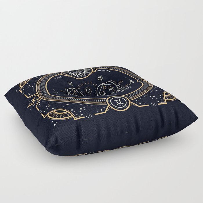 Gemini Zodiac Gold White on Black Background Floor Pillow