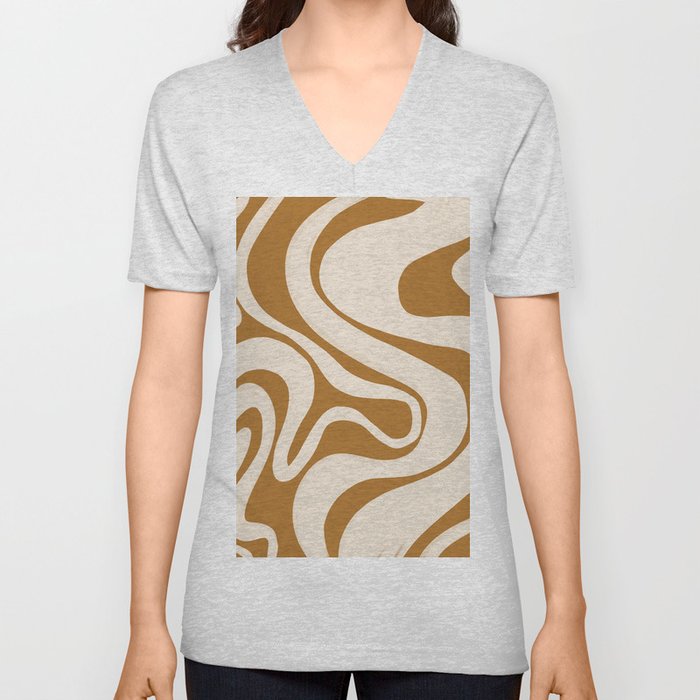 Swirl Lines in Sudan Brown Yellow + Tan  V Neck T Shirt