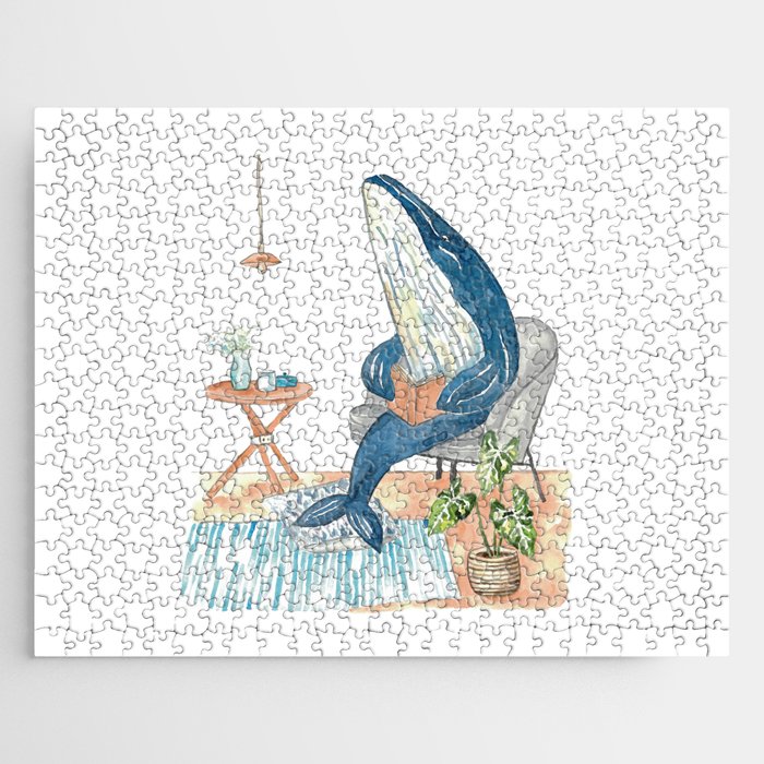 Humpback whale reading book watercolor painting Jigsaw Puzzle