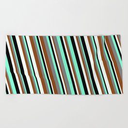 [ Thumbnail: Eyecatching Aquamarine, Gray, Brown, Mint Cream, and Black Colored Striped/Lined Pattern Beach Towel ]