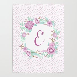 Monogram E - cute girls purple florals flower wreath, lilac florals, baby girl, baby blanket Poster