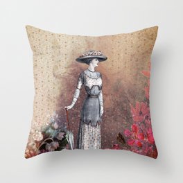 VINTAGE LADY INTO MAGICAL FOREST v1 Throw Pillow